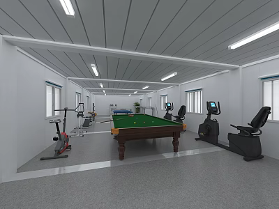 Modern Indoor Recreational Space With Pool Table And Fitness Equipment Setup 3d model