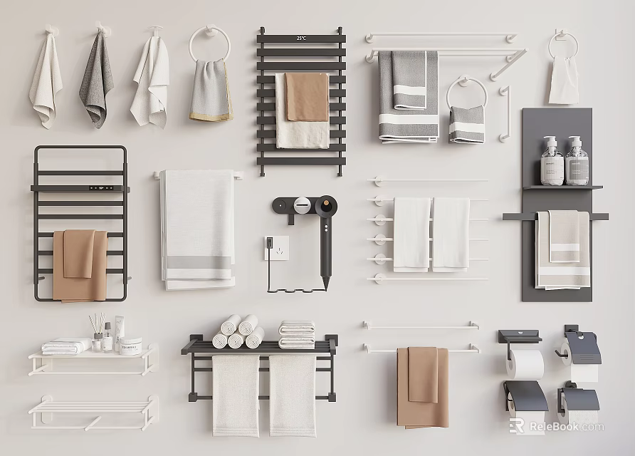 Modern Stylish Bathroom Accessories With Towel Racks Hooks Shelves Towels Tissue Holders 3d model 