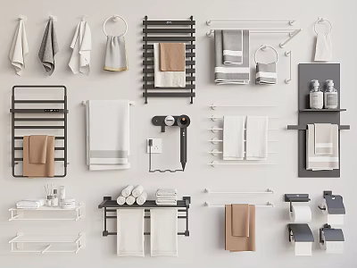 Modern Stylish Bathroom Accessories With Towel Racks Hooks Shelves Towels Tissue Holders 3d model