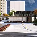 Modern Feature Wall in Landscape Design with Green Roofs Trees and Walkways