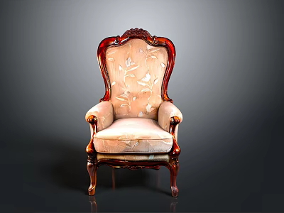 Antique Carved Wooden Chair With Light Colored Fabric And Floral Pattern 3d model