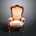 Antique Carved Wooden Chair With Light Colored Fabric And Floral Pattern