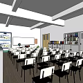 School Classroom Learning Space With Desks Chairs Blackboard Bookshelves And Globe