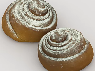 Two Golden Brown Spiral Sweet Rolls With Powdered Sugar Topping 3d model