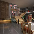 Chinese Style Restaurant Interior With Red Paper Cut Decor Gray Brick Walls And Wooden Tables