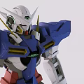 Detailed Blue and White Robot Model Featuring Large Sword With Pink Beams Behind