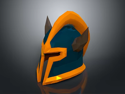 3D Model Warrior Helmet Featuring Orange Blue Horned Design And Yellow Accent 3d model