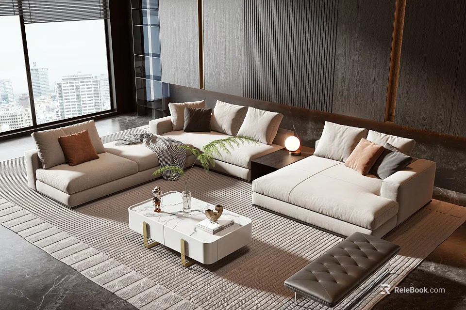 Modern Beige Sofa Coffee Table Combination With Accent Pillows White Marble And Gold Legs 3d model 