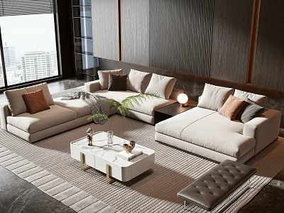 Modern Beige Sofa Coffee Table Combination With Accent Pillows White Marble And Gold Legs 3d model