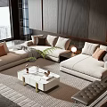 Modern Beige Sofa Coffee Table Combination With Accent Pillows White Marble And Gold Legs