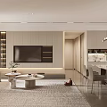 Modern Living Dining Room With Sofa Coffee Table Floor to Ceiling Windows and Green Plants