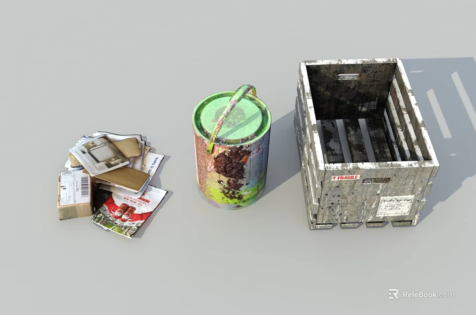 Public Waste Management Facility with Cardboard Boxes Metal Barrel and Crate 3d model 