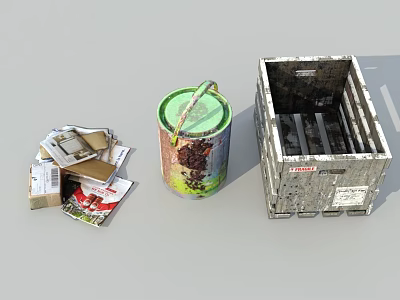 Public Waste Management Facility with Cardboard Boxes Metal Barrel and Crate 3d model