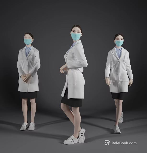 Professional Women Wearing White Coats and Blue Masks in Various Poses Against Gray Background 3d model 