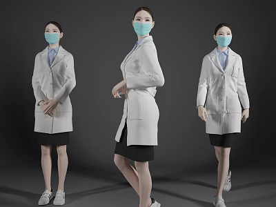Professional Women Wearing White Coats and Blue Masks in Various Poses Against Gray Background 3d model