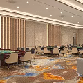 Luxury Mahjong Hall Interior With Multiple Tables Chairs Wine Cabinet Decorative Paintings And Patterned Carpet