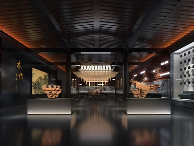 Traditional Wooden Exhibition Hall With Decorative Ceiling And Display Exhibits On Platforms 3d model