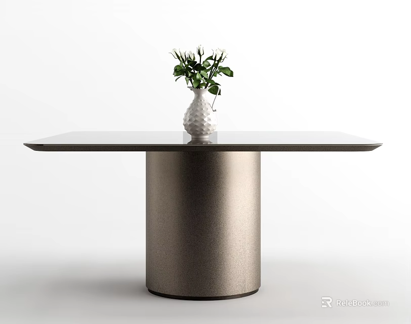 Modern Metal Dining Table With Glass Top Cylindrical Base And White Vase Green Plants 3d model 