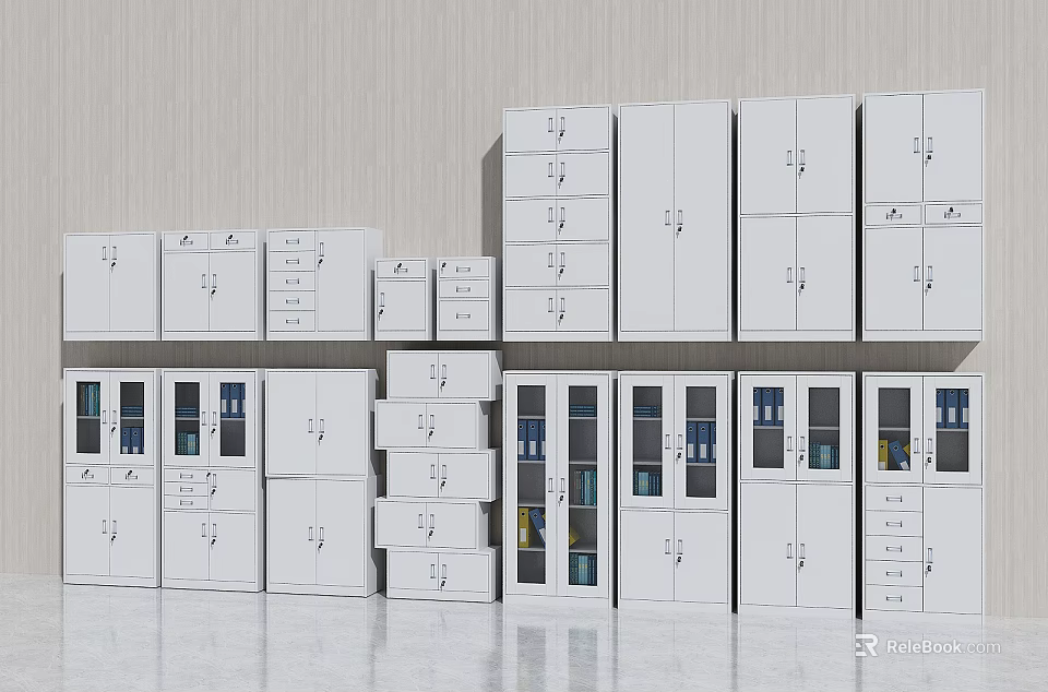 White Bookcases with Glass Doors in Various Sizes and Designs on Light Floor 3d model 
