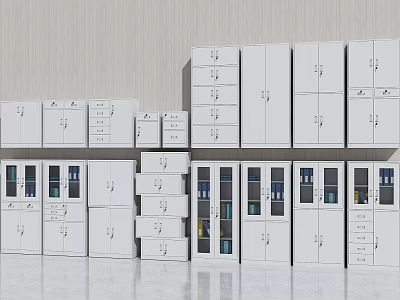 White Bookcases with Glass Doors in Various Sizes and Designs on Light Floor 3d model