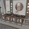 Traditional Solid Wood Tea Table and Chairs with Beige Cushions City View and Decorative Plants