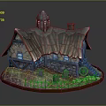 Enchanted Stone Wooden Cottage With Tiled Roof Small Tower Gravestones And Vintage Wheel