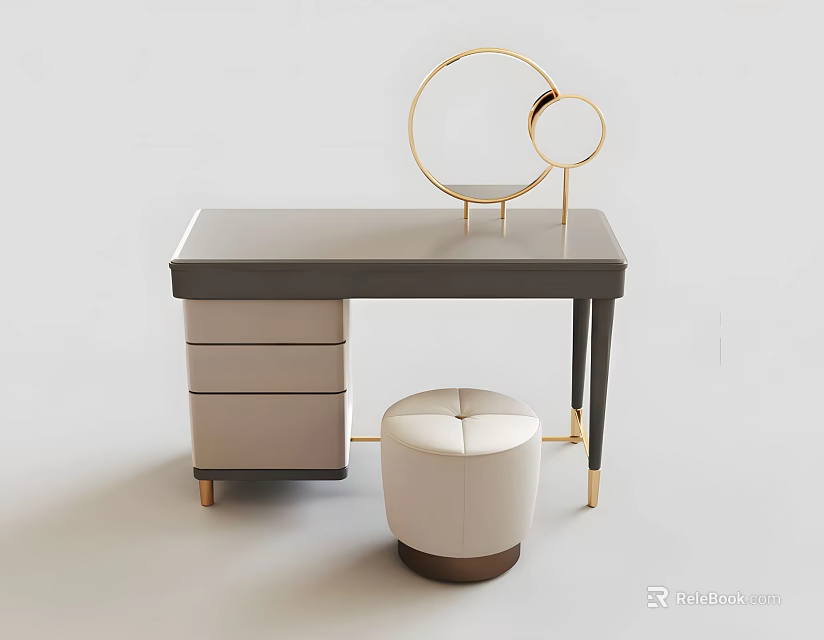 Modern Dressing Table With Gray Top Beige Drawers Gold Accents Round Mirror And Upholstered Stool 3d model 