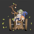 Green Haired Girl Sitting On Animal Shaped Cart With Teddy Bear And Falling Leaves