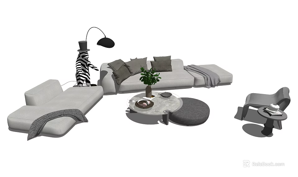 Modern Light Gray Sectional Sofa With Round Marble Coffee Table And Arched Floor Lamp 3d model