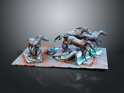 Decorative Running Horses Sculpture With Books And Red Particles On Base 3d model