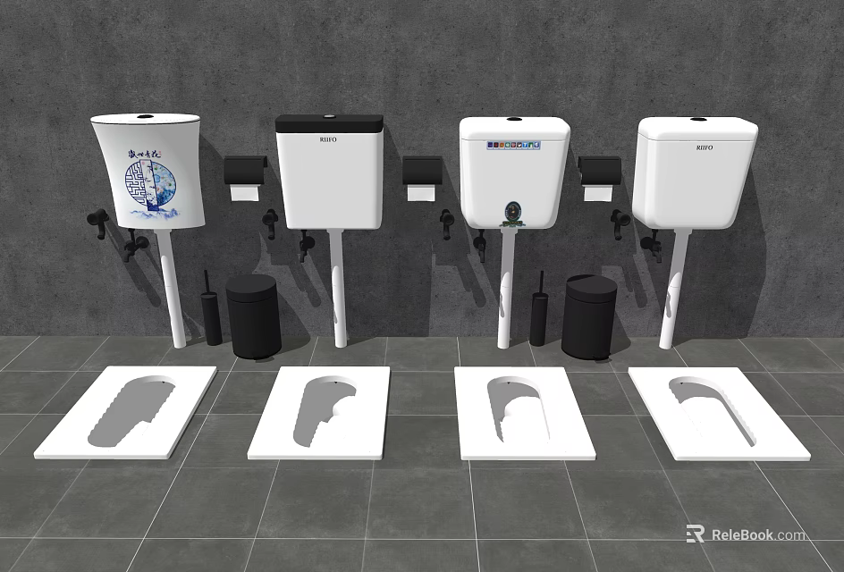Squat Toilets With White Water Tanks Black Trash Bins On Gray Tiles And Walls 3d model 