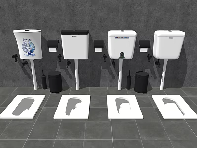 Squat Toilets With White Water Tanks Black Trash Bins On Gray Tiles And Walls 3d model