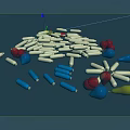 Assorted Colorful Small Objects With Silver Strips And Red Blue Yellow Shapes