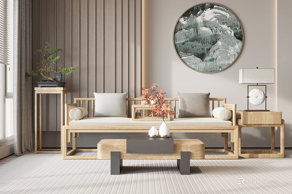 Chinese Modern Double Sofa With Wooden Frame Beige Cushions Side Tables And Circular Landscape Painting 3d model 