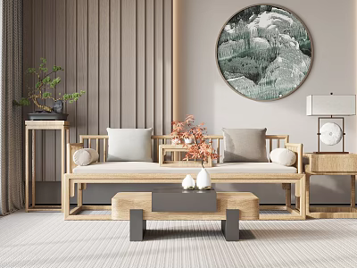 Chinese Modern Double Sofa With Wooden Frame Beige Cushions Side Tables And Circular Landscape Painting 3d model