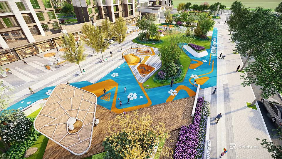Modern Residential Landscape With Colorful Paved Areas Lush Green Lawns And Recreational Spaces 3d model 