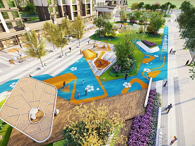 Modern Residential Landscape With Colorful Paved Areas Lush Green Lawns And Recreational Spaces 3d model