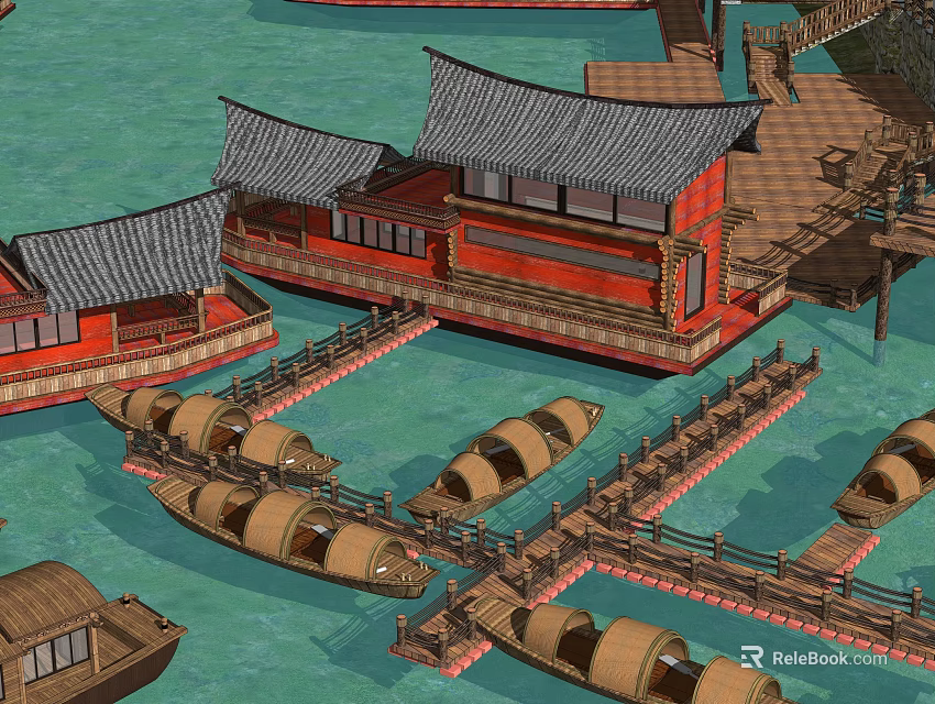 Traditional Wooden Boats By Chinese Red Buildings With Tile Roofs And Wooden Piers 3d model 