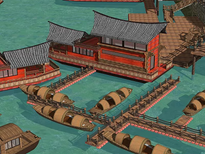 Traditional Wooden Boats By Chinese Red Buildings With Tile Roofs And Wooden Piers 3d model