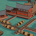 Traditional Wooden Boats By Chinese Red Buildings With Tile Roofs And Wooden Piers