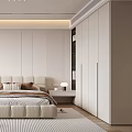 Modern Bedroom Interior With Upholstered Headboard Nightstands Striped Rug Accent Chair And Wardrobe