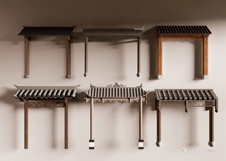 Traditional Wooden Doorway Facade With Eave Design Pillar Support And Classic Style 3d model 