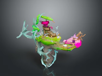 Stylish Modern Interior Decor With Small Floating Green Island And Pink Ornamental Trees 3d model