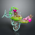 Stylish Modern Interior Decor With Small Floating Green Island And Pink Ornamental Trees