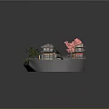 Cartoon Style Japanese Village Scene With Cherry Blossom Tree Small River And Stone Path