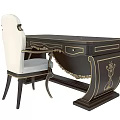 Elegant Dark Wooden Office Desk With Golden Accents Intricate Patterns And White Padded Chair