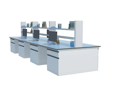 Modern Laboratory With White Lab Benches Computers Shelves And Storage Cabinets 3d model