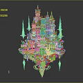 Cartoon Fantasy Floating Castle With Purple Gold Towers Blue Spires And Green Vegetation