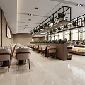 Spacious Modern Restaurant Interior With Neat Tables Buffet Counter Wall Painting Bright Lighting And Ceiling Plants