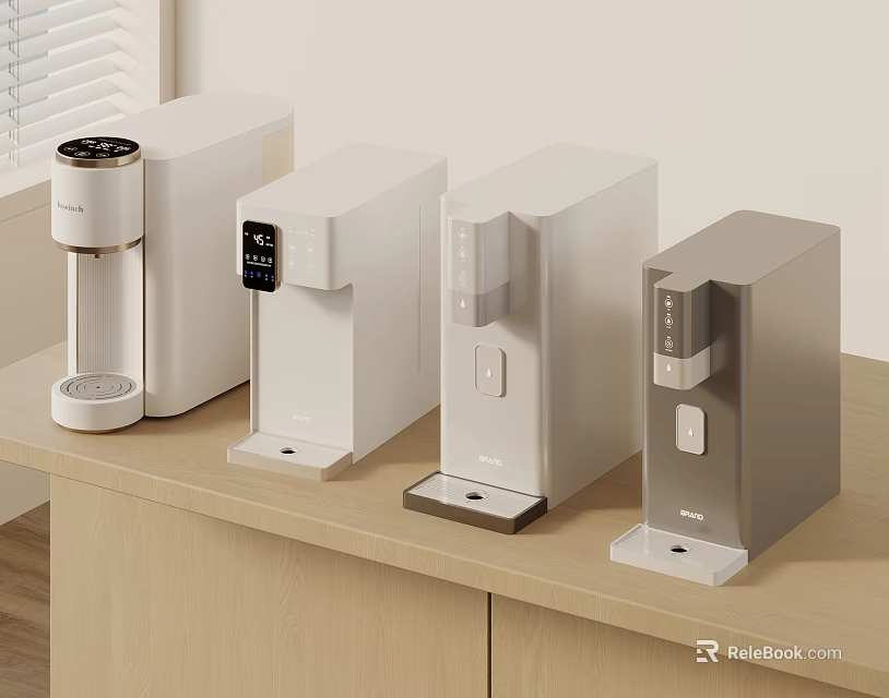 Modern Four Different Designed White And Silver Instant Hot Water Dispensers On Wooden Countertop 3d model 